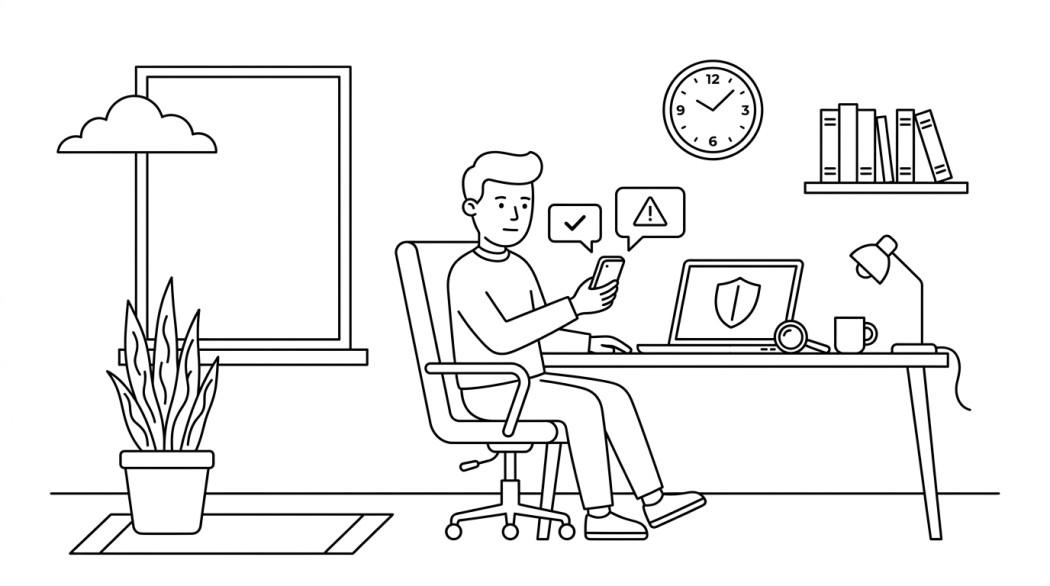 Black-and-white line illustration: a minimal Notion-style scene representing whatsapp activity tracking: what is real, what is a scam (privacy guide).