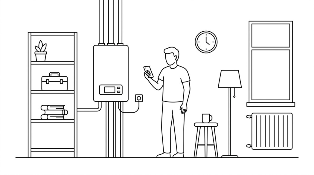 Black-and-white line illustration: a minimal Notion-style scene representing why a new smart boiler is worth the investment for your connected home.
