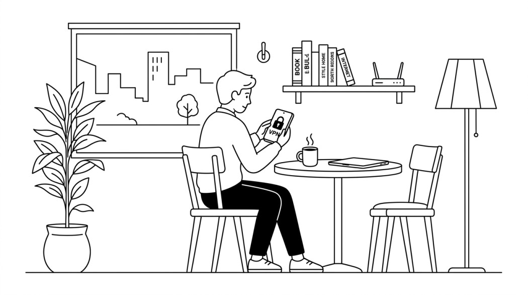 Black-and-white line illustration: a minimal Notion-style scene representing why you need a vpn on android.