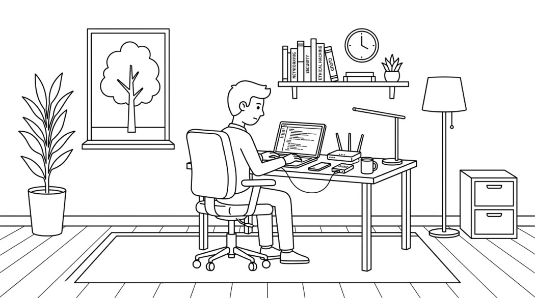 Black and white line illustration of a phone scanning a home Wi-Fi network for security testing.