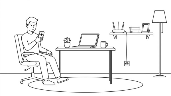 Line illustration of a person checking an Android phone with a Wi-Fi router on a shelf across the room