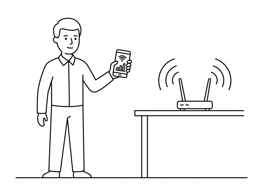 Black and white line illustration representing what a wi-fi analyzer app can and cannot do.