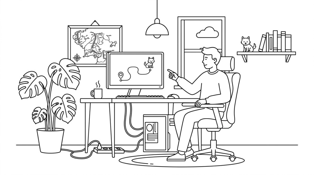 Black-and-white line illustration: a minimal Notion-style scene representing how to get the wolf pup pet in diablo iv: the current path.