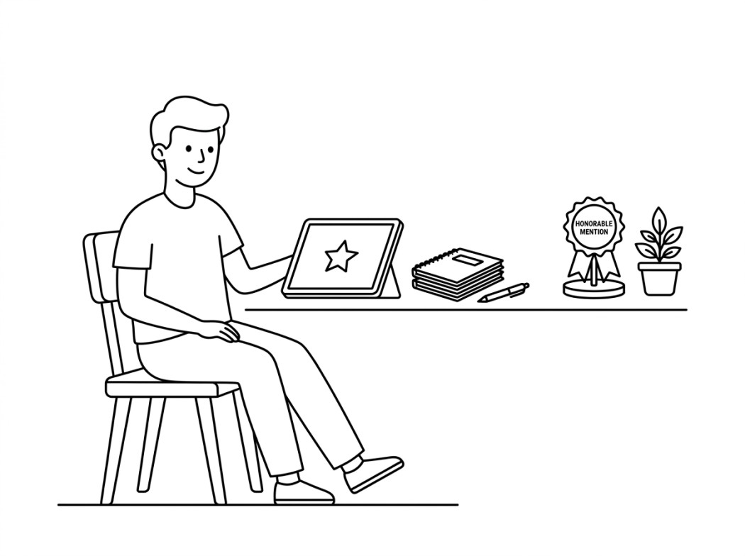 Black and white line illustration representing honorable mentions.