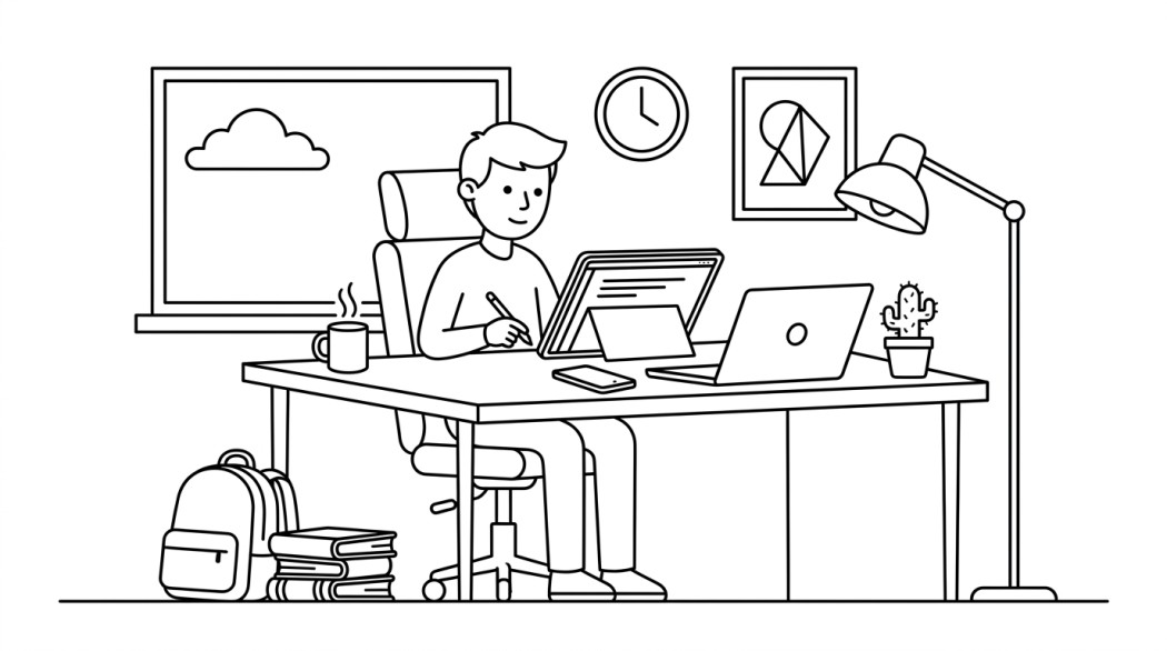 Black-and-white line illustration: a minimal Notion-style scene representing best Android writing apps for students.