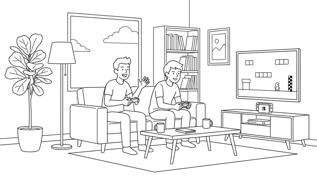 Black-and-white line illustration: a minimal Notion-style scene representing super mario maker 2 and mario kart 8 deluxe: why they are still worth playing.