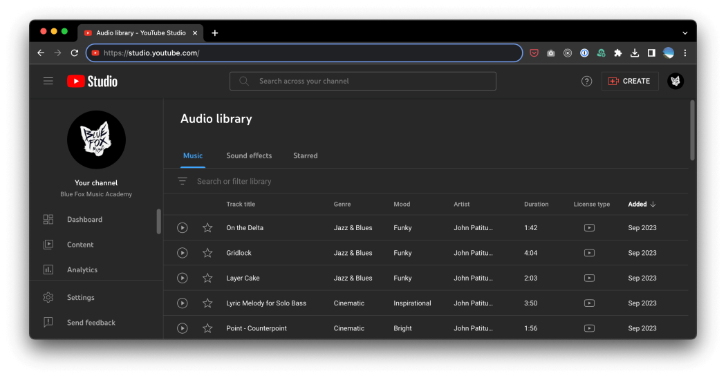 YouTube Audio Library screenshot