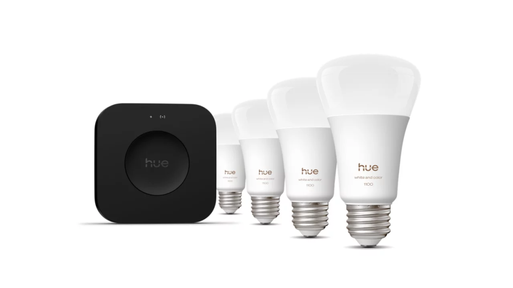 Philips Hue Bridge Pro starter kit with four color smart bulbs and the hub
