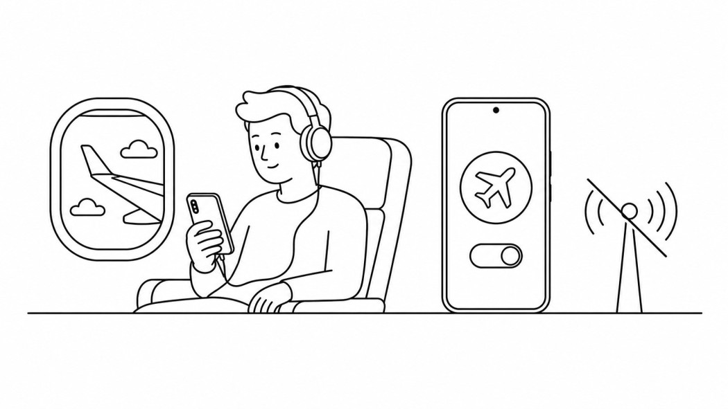 Line art of a person listening to downloaded music offline on an Android phone with headphones, airplane mode on