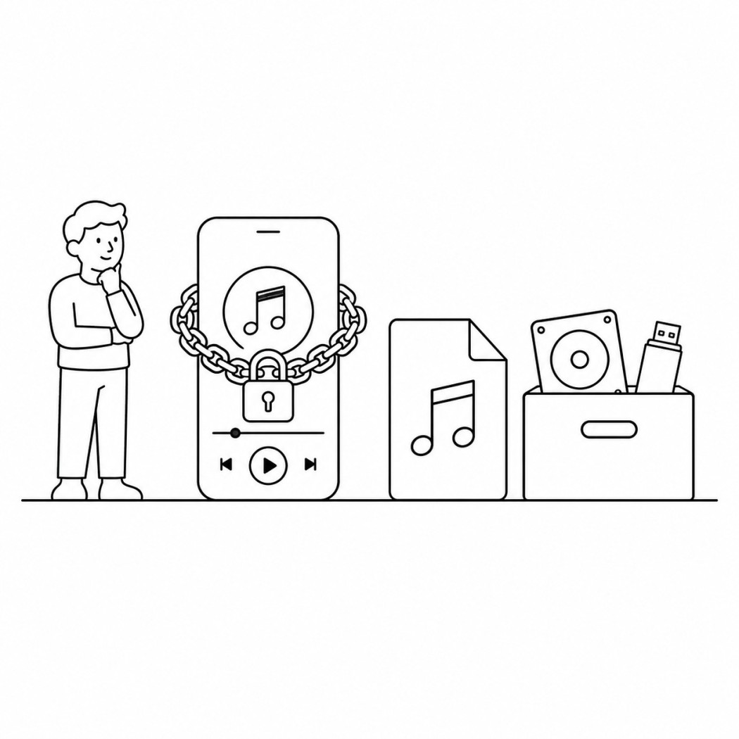Line art comparing a song locked inside a streaming app with a music file you own and keep