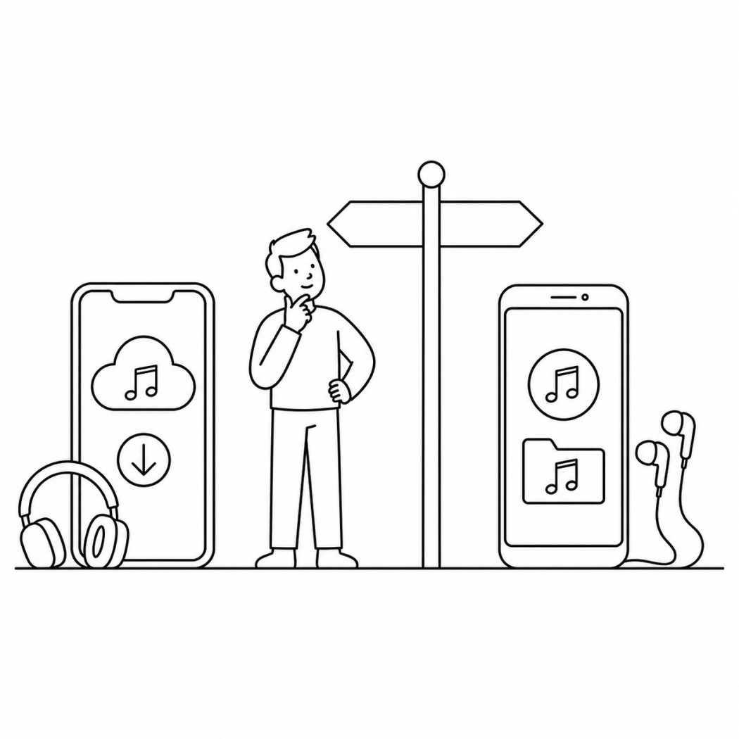 Line art of choosing between a streaming download and a local music player for offline listening