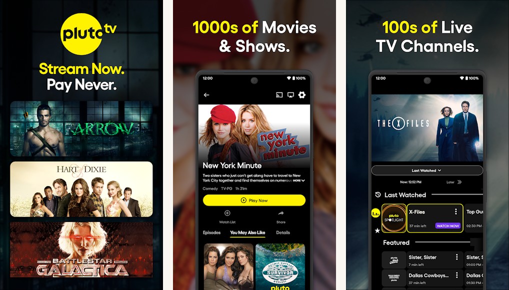 Pluto TV free live channels app screenshots on Android