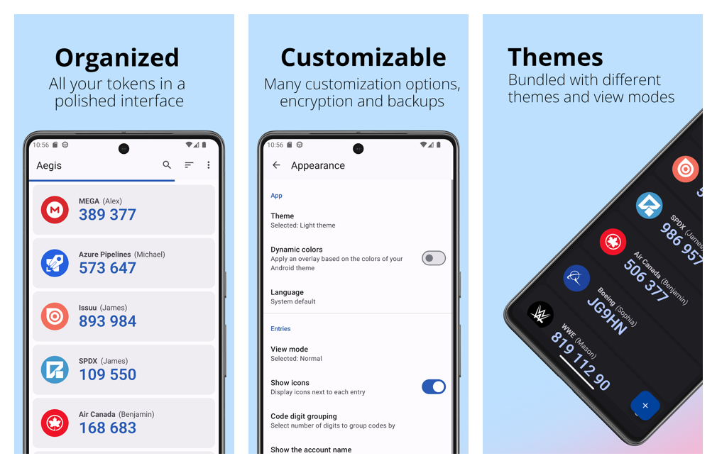 Aegis Authenticator two factor code vault screenshots on Android