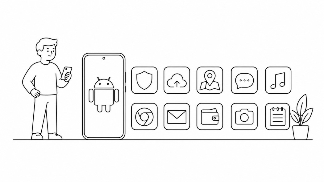 Line art of a person setting up an Android phone beside ten essential app category icons
