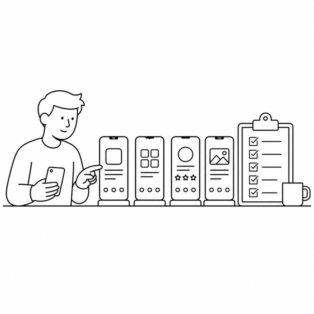 Line art of an editor comparing several Android app screens against a testing checklist