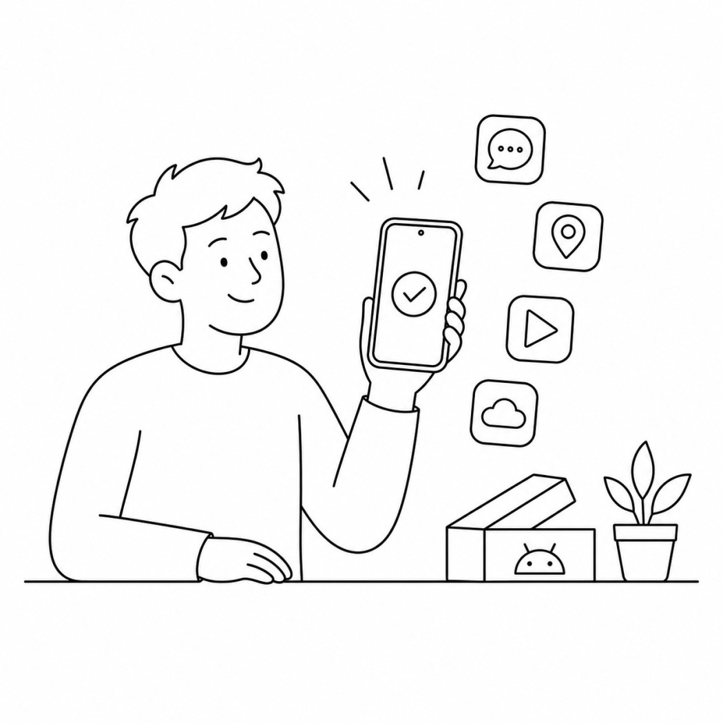 Line art of a person holding a freshly set up Android phone with a checkmark and app icons