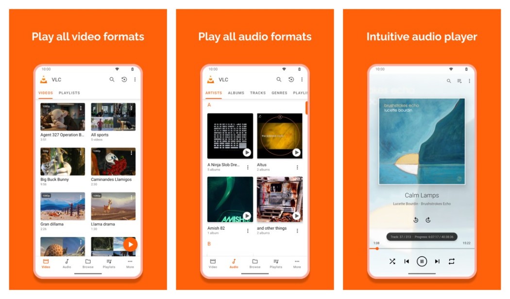 VLC for Android media player screenshots showing video and audio playback
