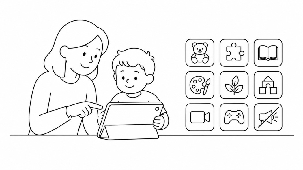 Line art of a parent and a pre-K child choosing a safe learning app on an Android tablet