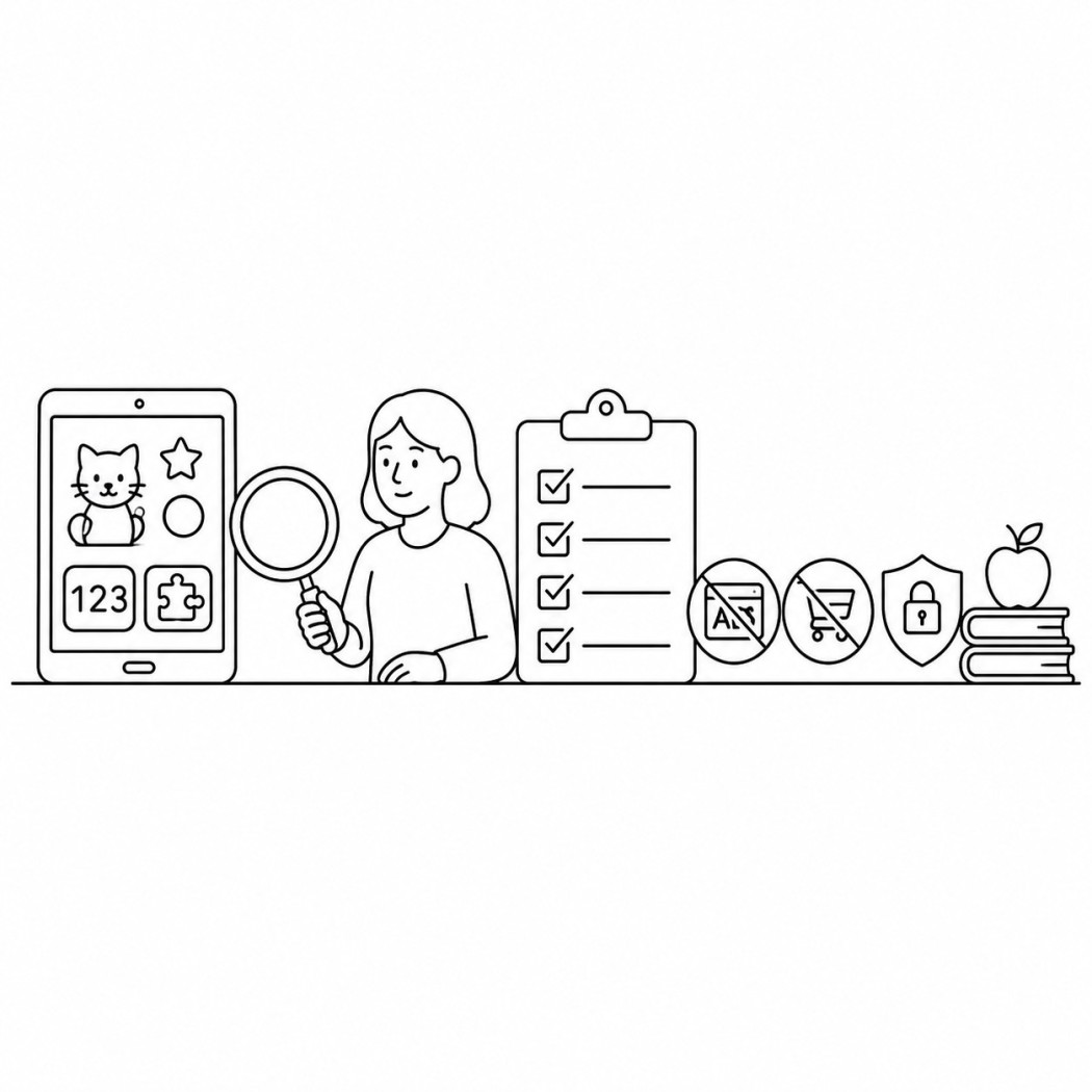 Line art of an editor checking pre-K learning apps against a safety checklist