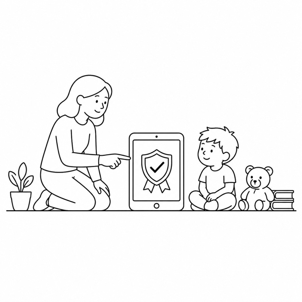 Line art of a parent settling on one trusted learning app for a young child