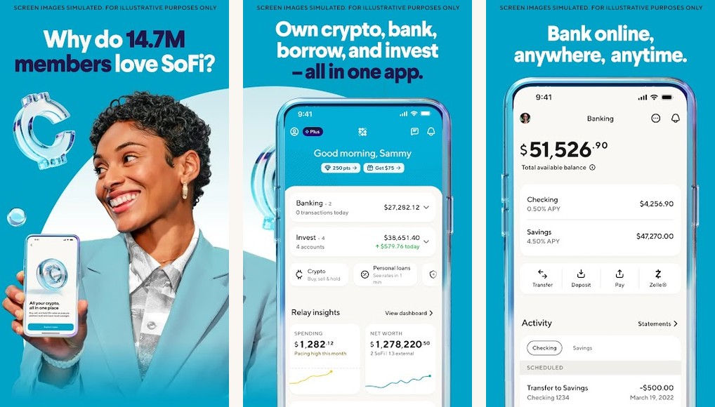 SoFi banking and investing app screenshots on Android