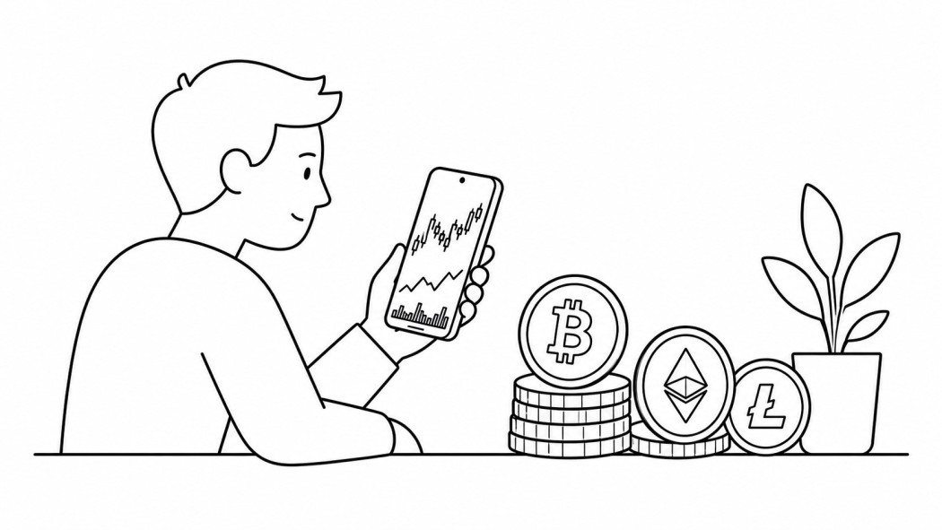 Line art of a person tracking cryptocurrency prices and charts on an Android phone beside Bitcoin, Ethereum, and Litecoin coins