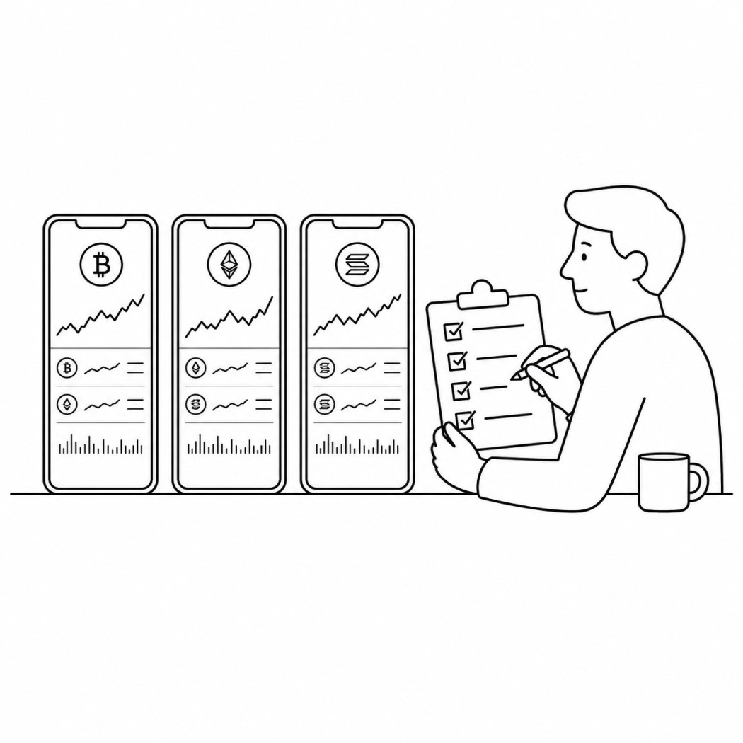 Line art of an editor comparing three crypto tracking app screens against a testing checklist