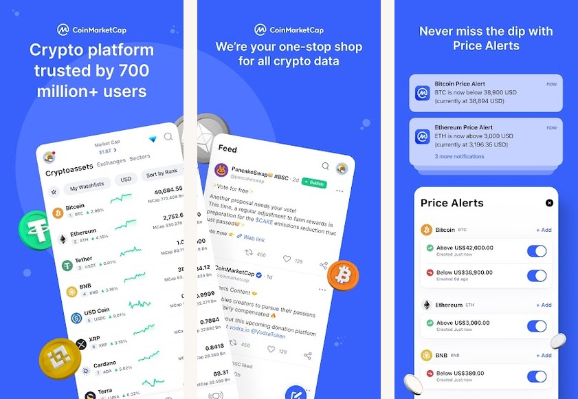 CoinMarketCap crypto price tracker app screenshots on Android