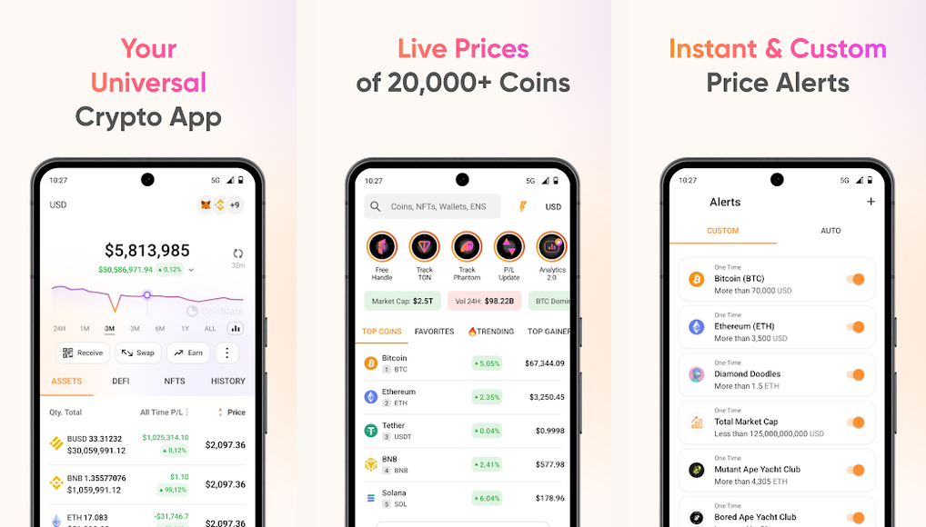 CoinStats portfolio tracker app screenshots on Android