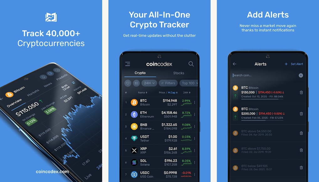 CoinCodex crypto price tracker app screenshots on Android
