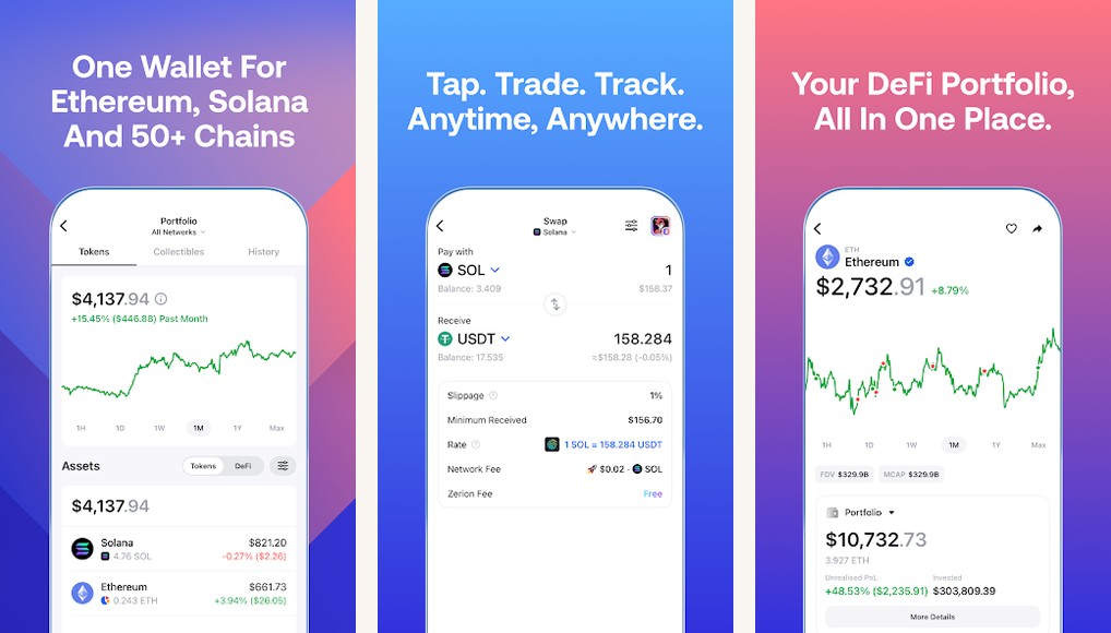 Zerion self-custody crypto wallet and portfolio tracker screenshots on Android