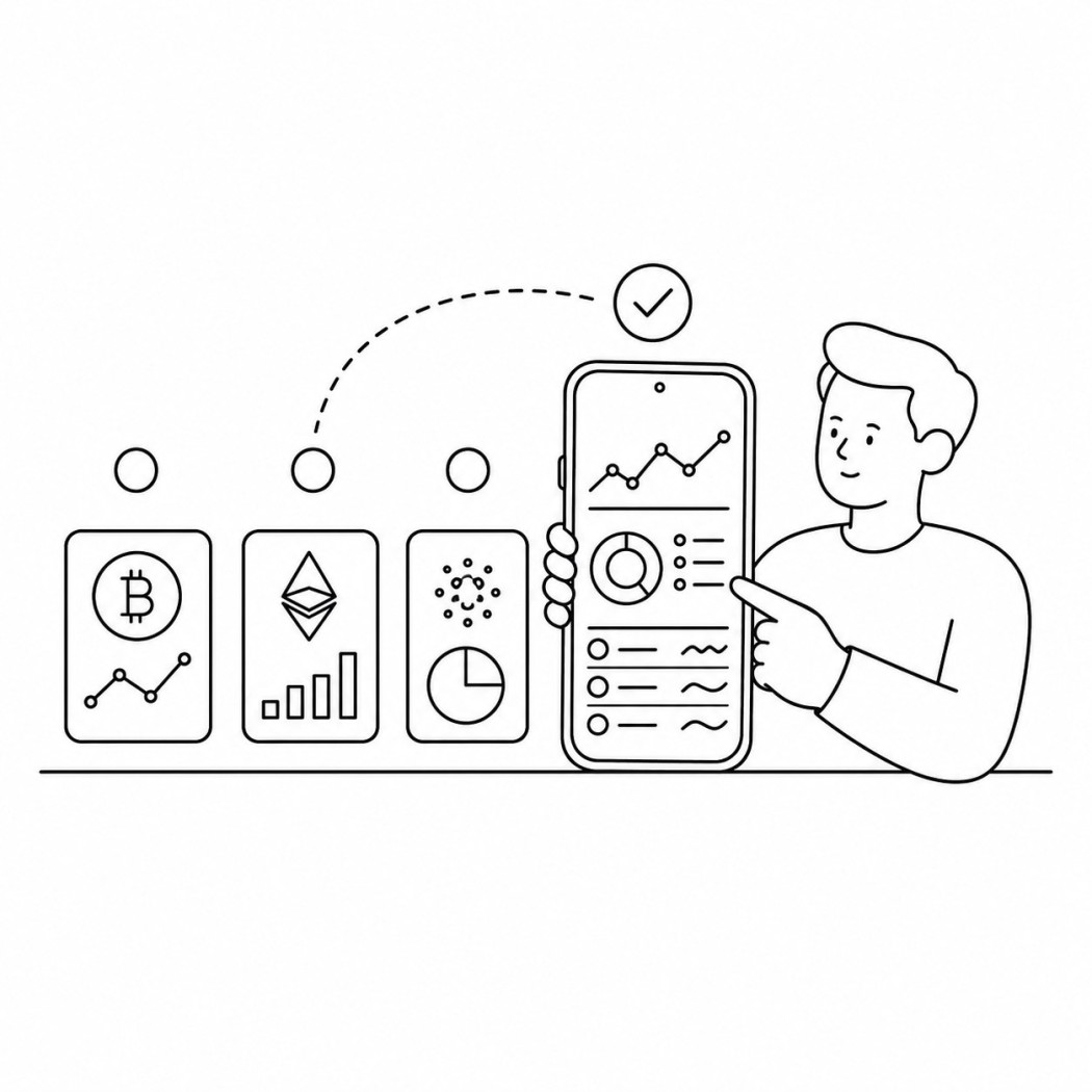 Line art of a person holding an Android phone showing a crypto portfolio dashboard with a checkmark