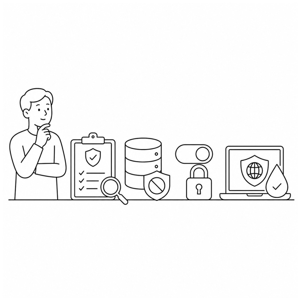 Line art of a checklist for vetting a trustworthy VPN: audit, no-logs, jurisdiction, kill switch