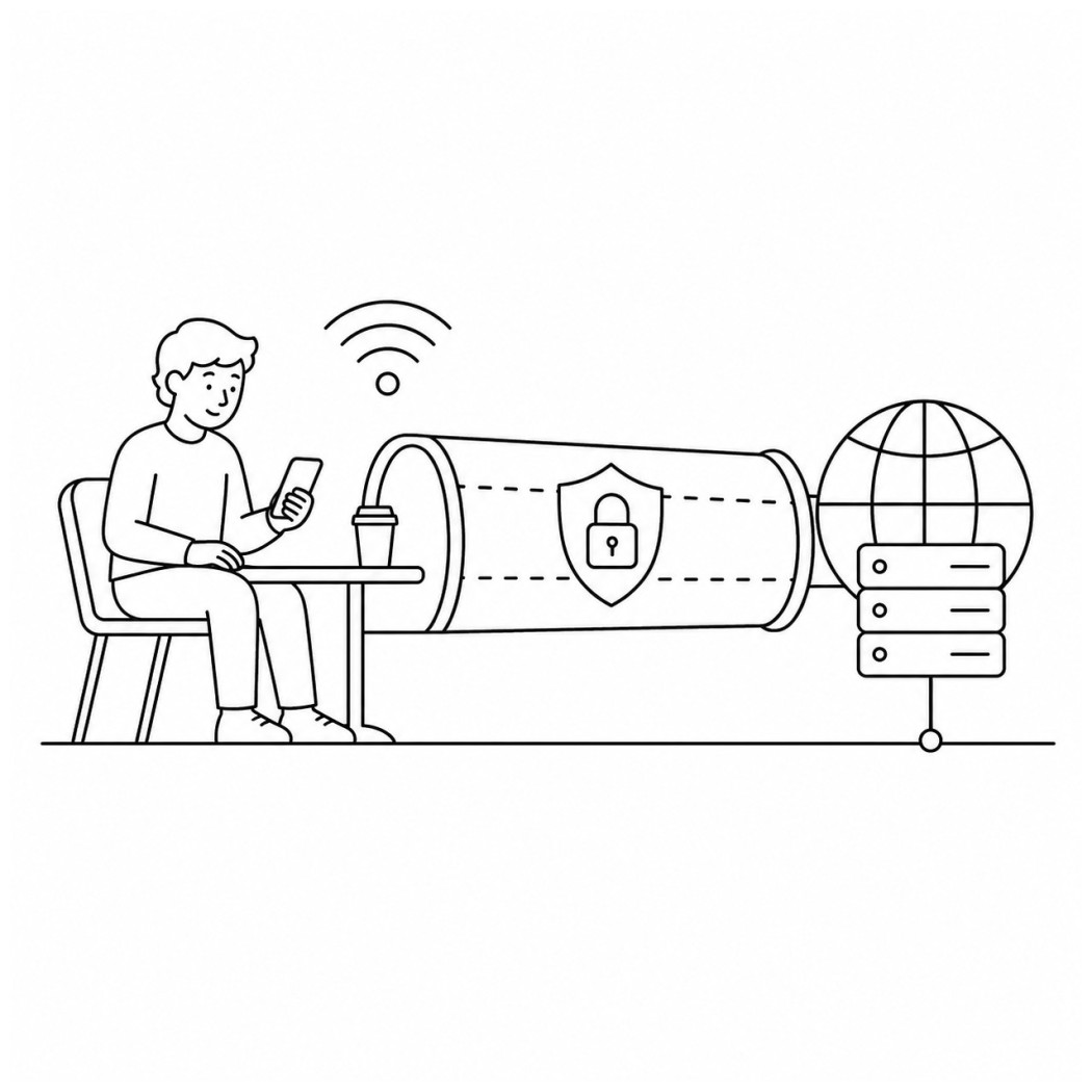 Line art of an Android phone with its traffic sealed inside a VPN tunnel on the way to the internet