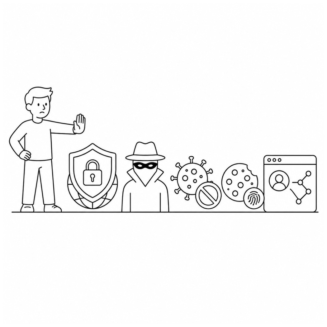 Line art of a shield with visible gaps, showing the limits of what a VPN protects