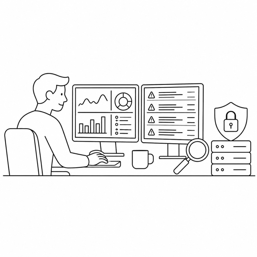 Security analyst watching monitoring dashboards full of alerts and logs