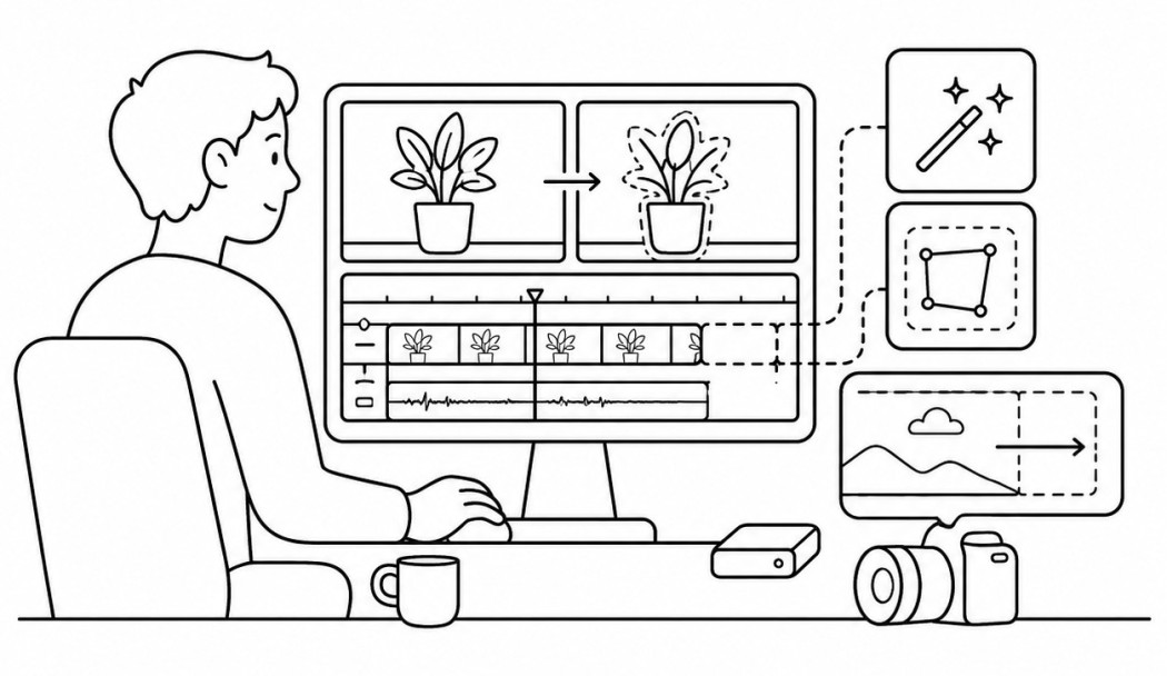 Line art of an editor using AI masking and clip extension on a video timeline