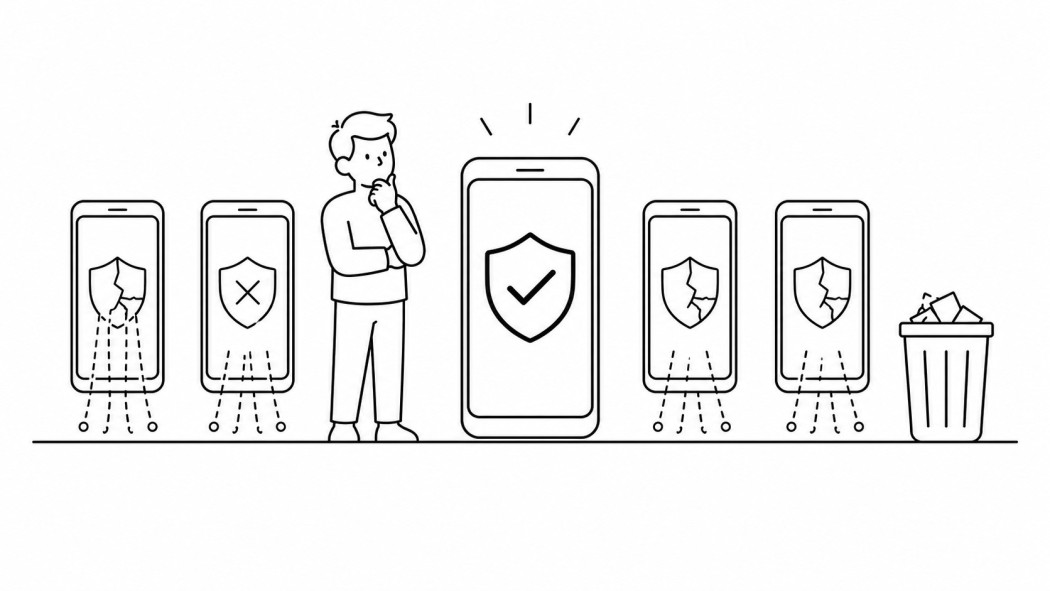 Line art of a person choosing one shielded phone among several free VPN phones quietly leaking data