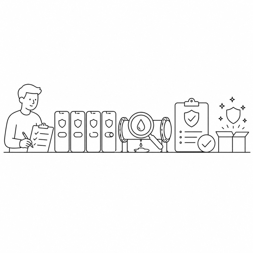 Line art of an editor leak-testing free Android VPN apps across several phones against a checklist