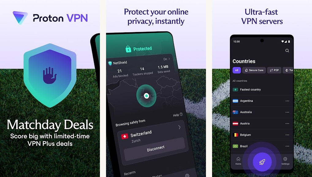Proton VPN free app screenshots on Android