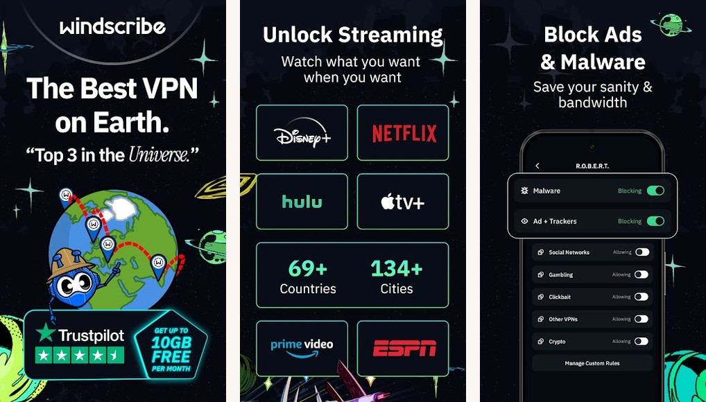 Windscribe free VPN app screenshots on Android