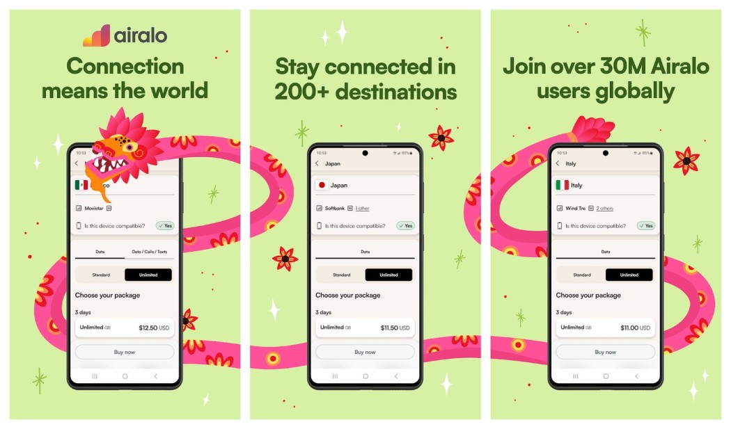 Three Airalo app screens shown side by side