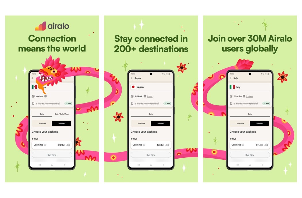 Three Airalo app screens shown side by side