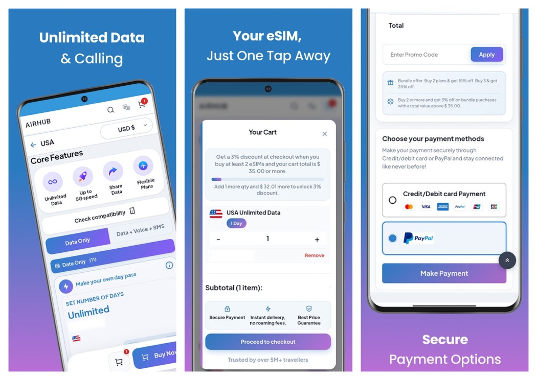 Three Airhub app screens shown side by side