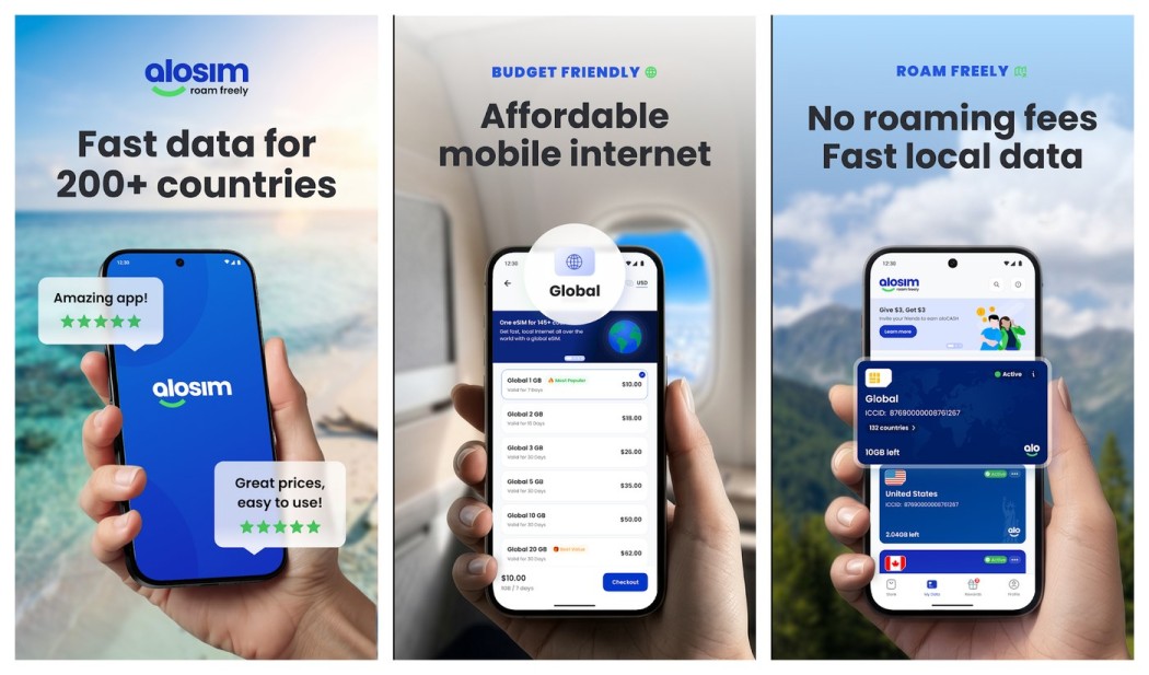 Three aloSIM app screens shown side by side