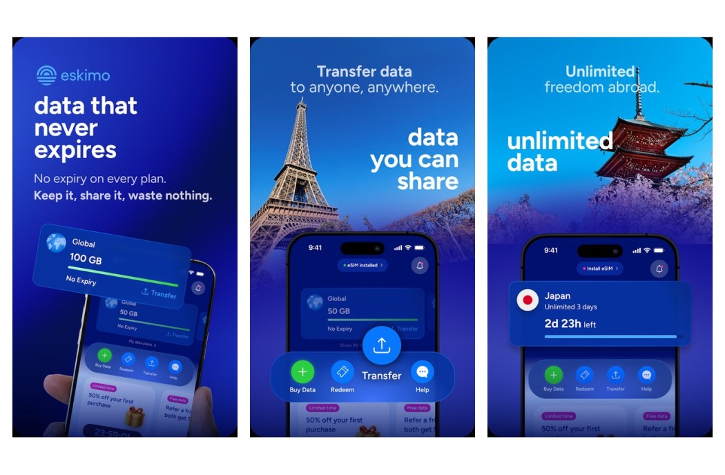 Three Eskimo app screens shown side by side