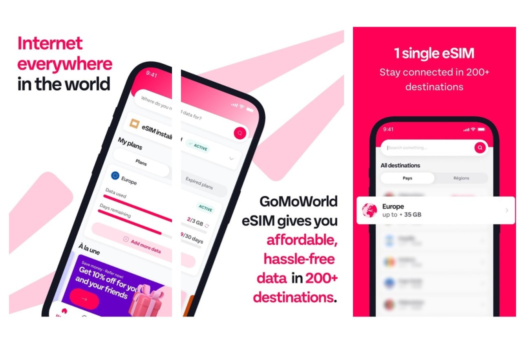 Three GoMoWorld app screens shown side by side