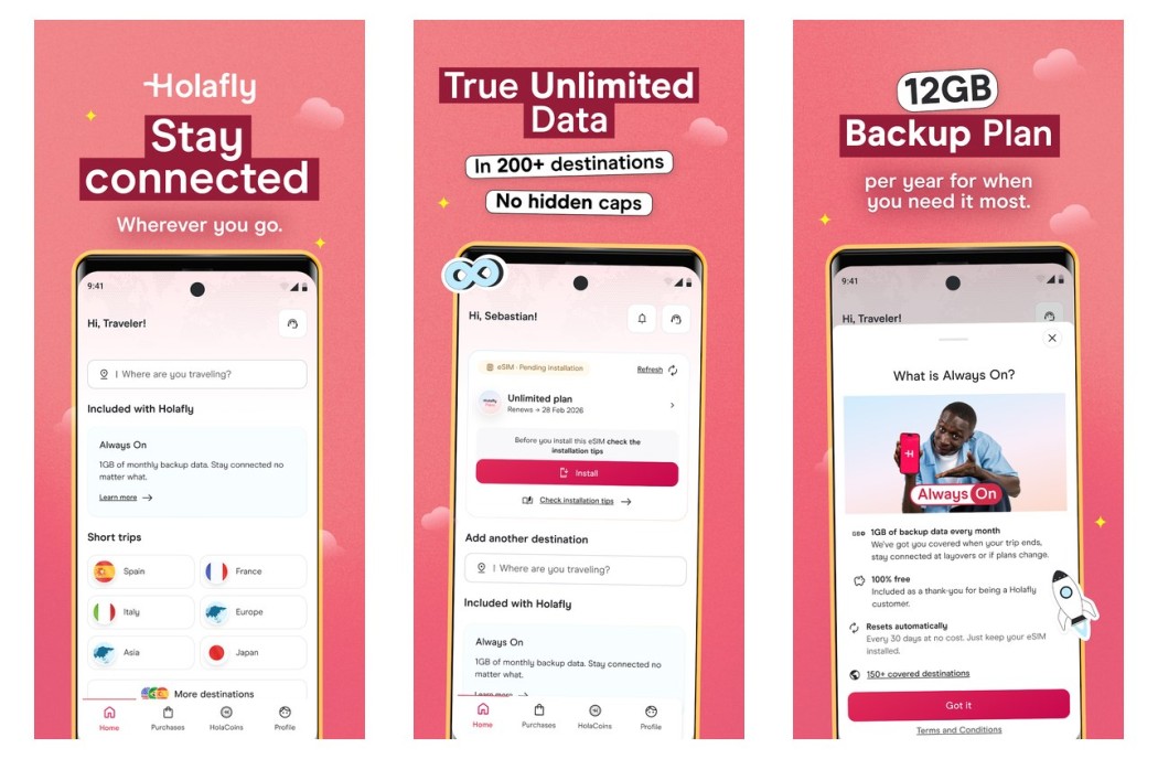Three Holafly app screens shown side by side