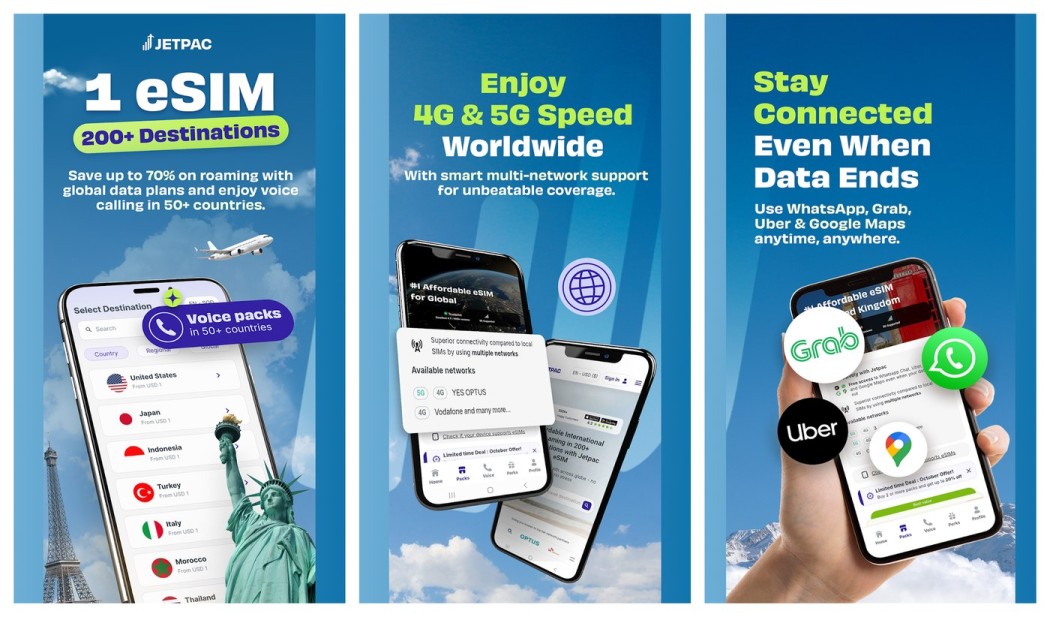 Three Jetpac app screens shown side by side