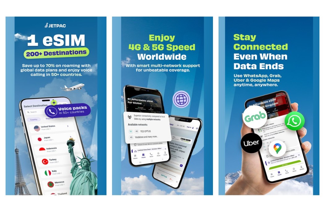 Three Jetpac app screens shown side by side